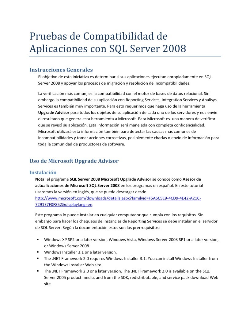 Imágen de pdf Pruebas de Compatibilidad de Aplicaciones con SQL Server 2008