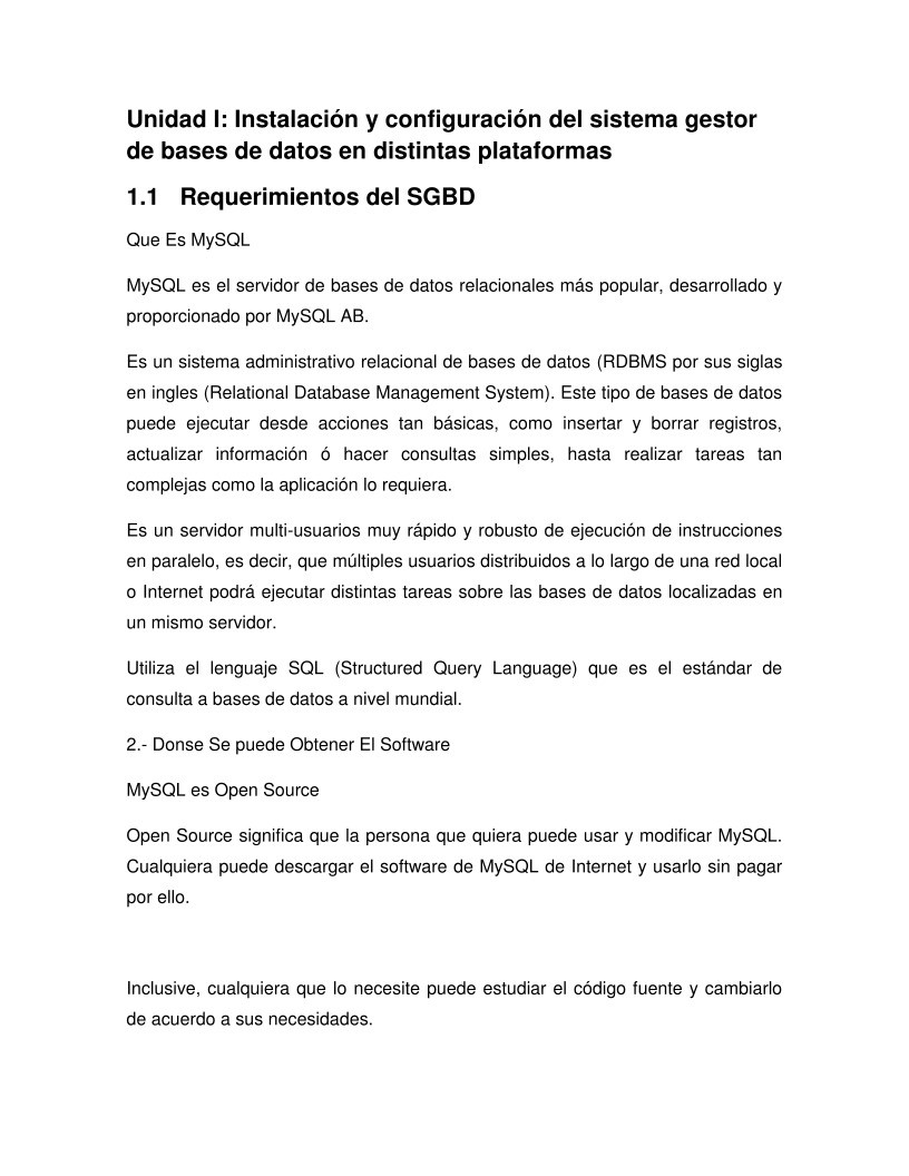 Imágen de pdf Unidad I: Instalación y configuración del sistema gestor de bases de datos en distintas plataformas