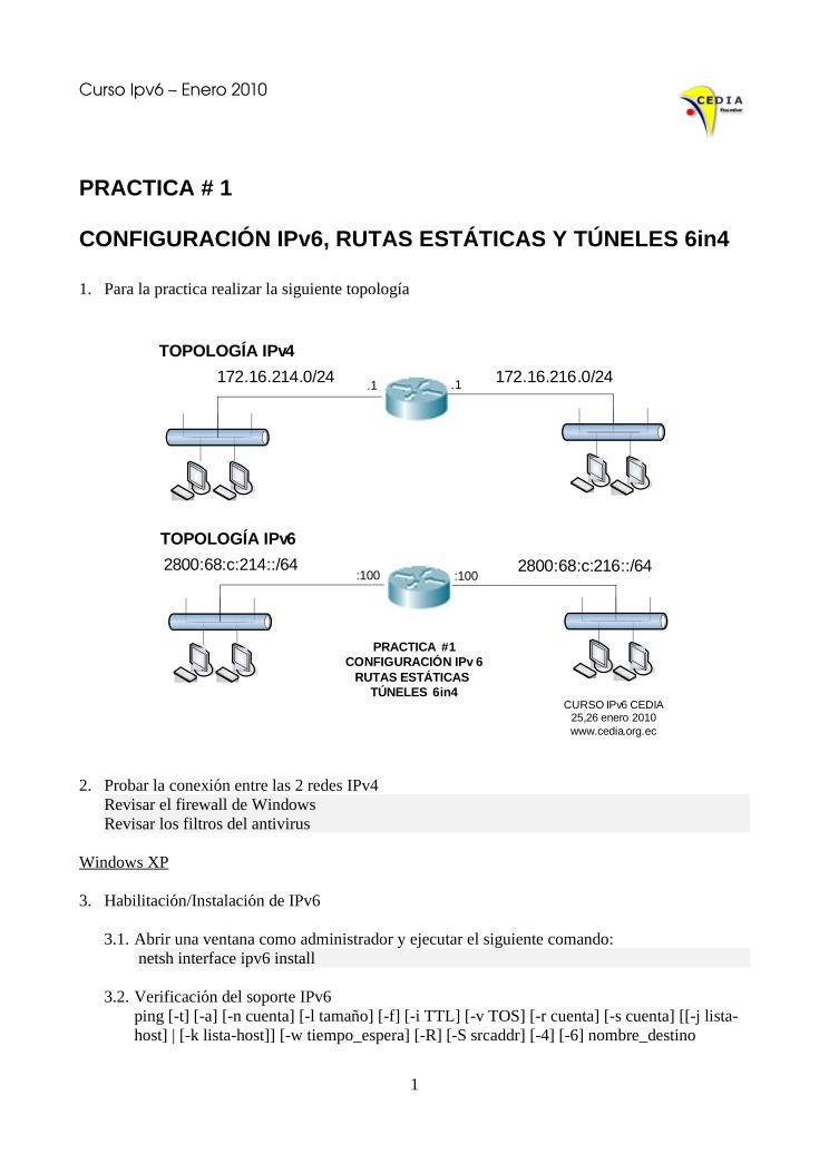 Imágen de pdf Practica # 1 - Configuración IPv6, rutas estáticas y túneles 6in4