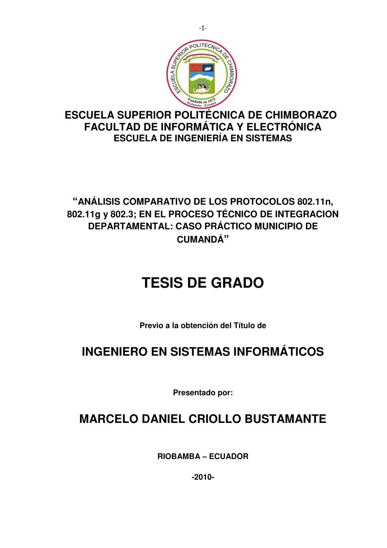 Imágen de pdf Análisis comparativo de los protocolos 802.11n, 802.11g y 802.3 en el proceso técnico de integración departamental: Caso práctico municipio de Cumandá