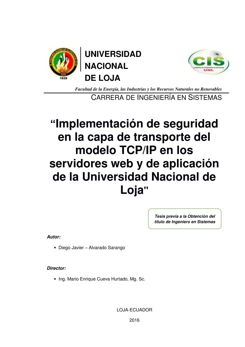 Imágen de pdf Implementación de seguridad en la capa de transporte del modelo TCP/IP en los servidores web y de aplicación de la Universidad Nacional de Loja