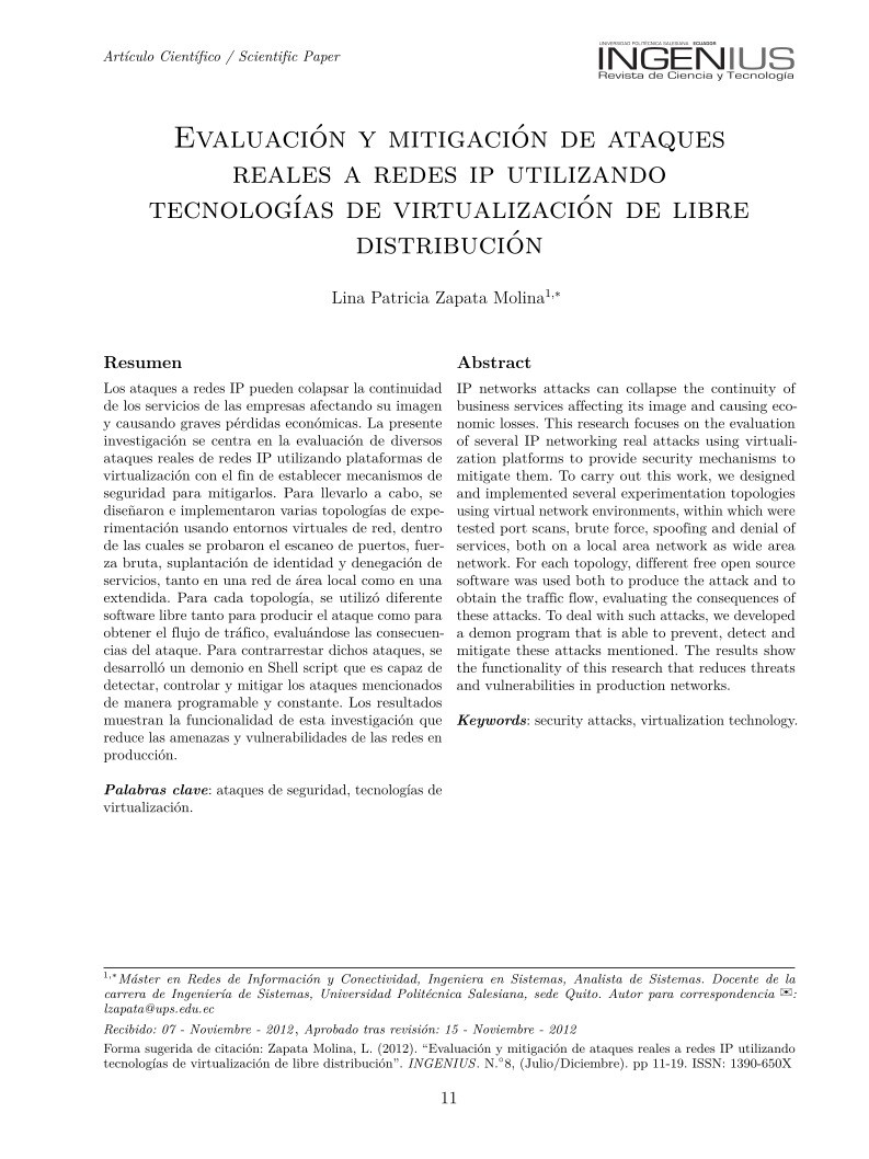 Imágen de pdf Evaluación y mitigación de ataques reales a redes IP utilizando tecnologías de virtualización de libre distribución