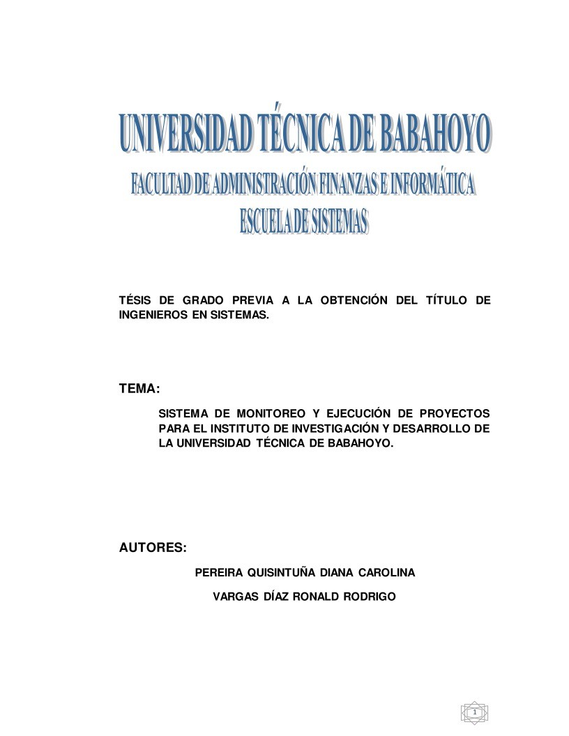 Imágen de pdf Sistema de monitoreo y ejecución de proyectos para el instituto de investigación y desarrollo de la universidad técnica de Babahoyo