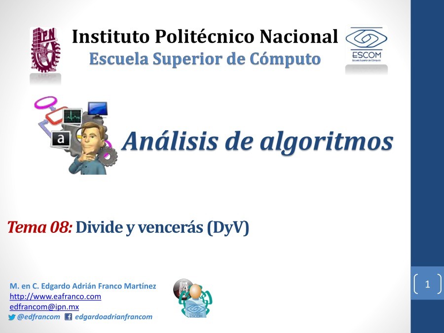 Imágen de pdf Tema 08: Divide y vencerás (DyV) - Análisis de algoritmos