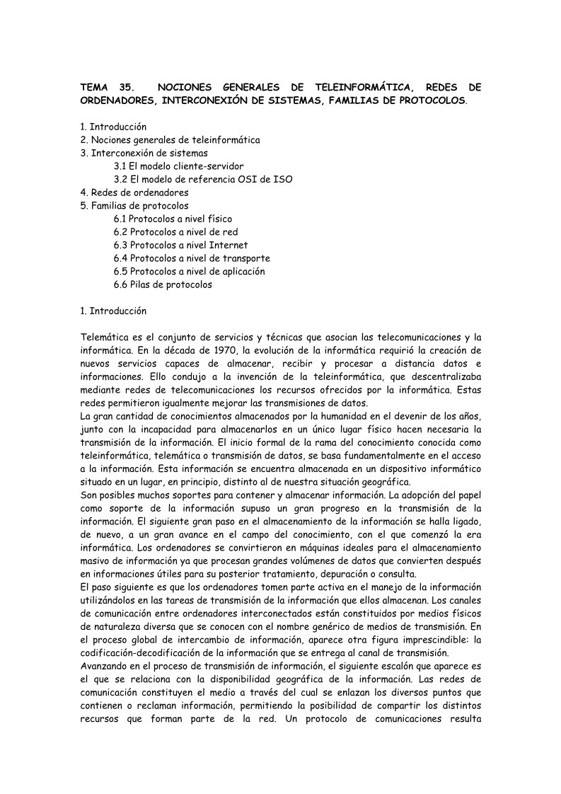 Imágen de pdf Tema 35 - Nociones generales de teleinformática, redes de ordenadores, interconexión de sistemas, familias de protocolos