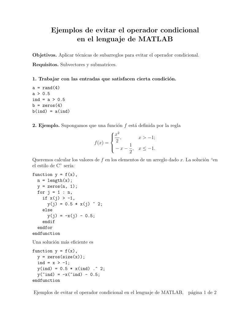 Imágen de pdf Ejemplos de evitar el operador condicional en el lenguaje de MATLAB