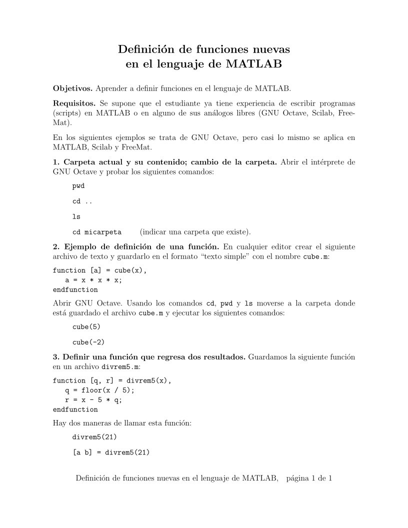 Imágen de pdf Definición de funciones nuevas en el lenguaje de MATLAB