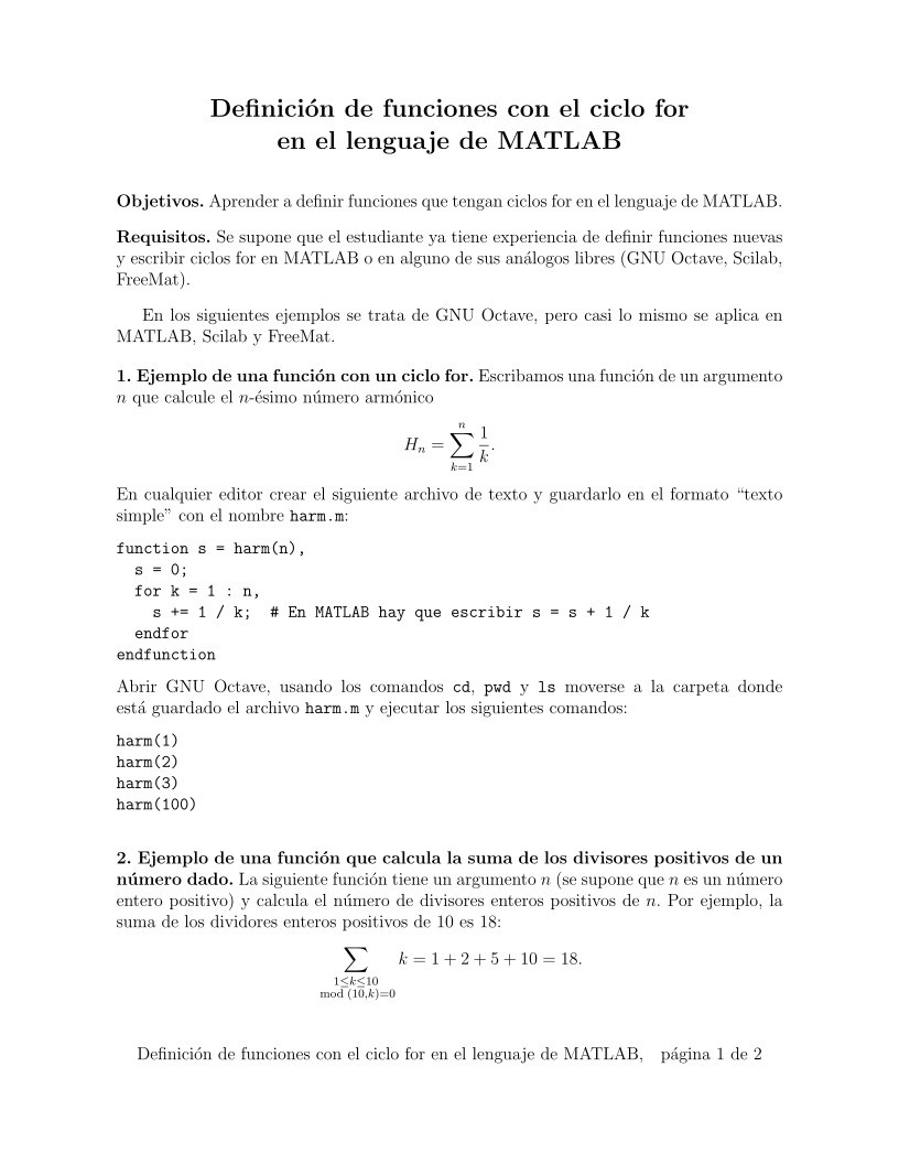 Imágen de pdf Definición de funciones con el ciclo for en el lenguaje de MATLAB