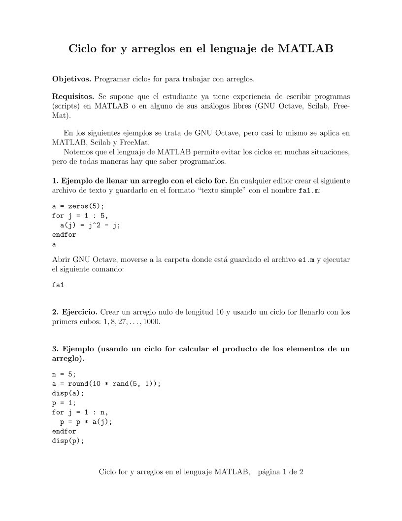Imágen de pdf Ciclo for y arreglos en el lenguaje MATLAB