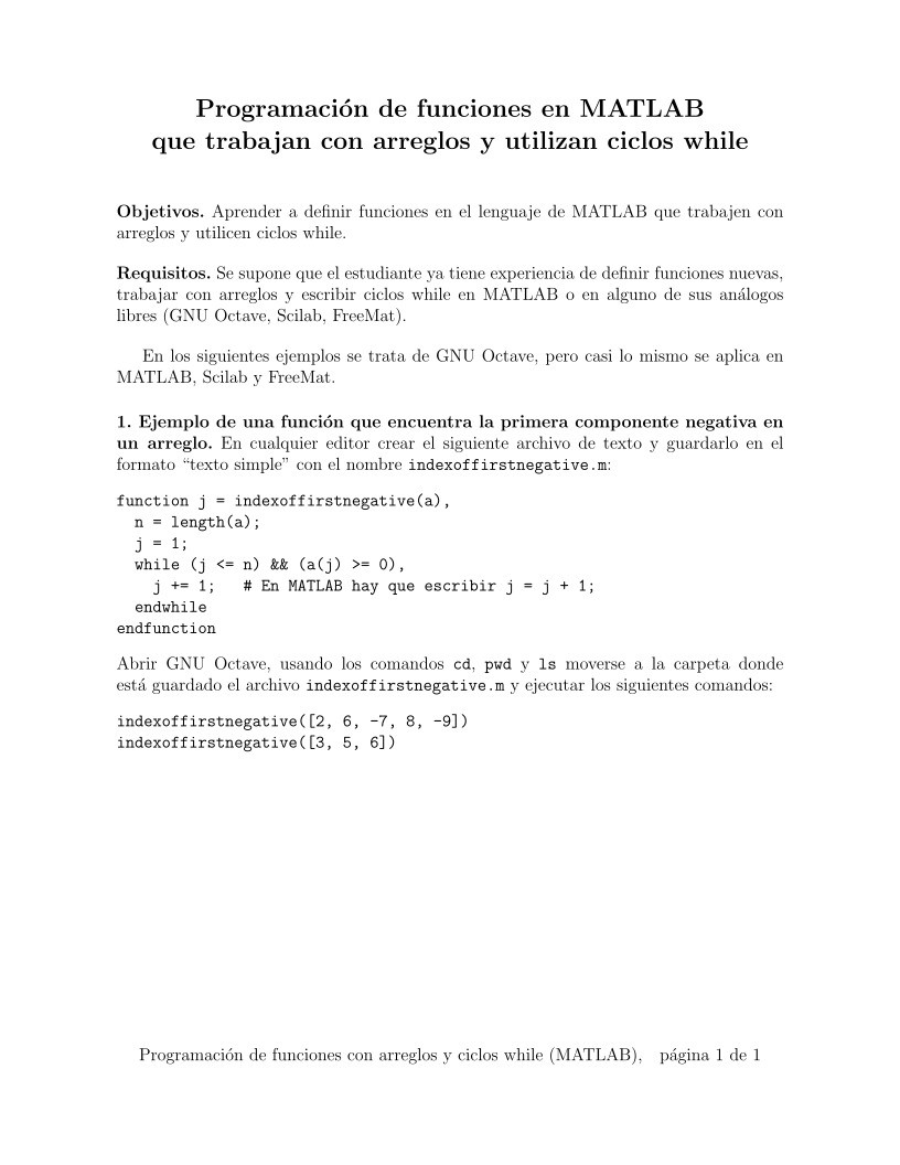 Imágen de pdf Programación de funciones que trabajan con arreglos y utilizan ciclos while en el lenguaje de MATLAB