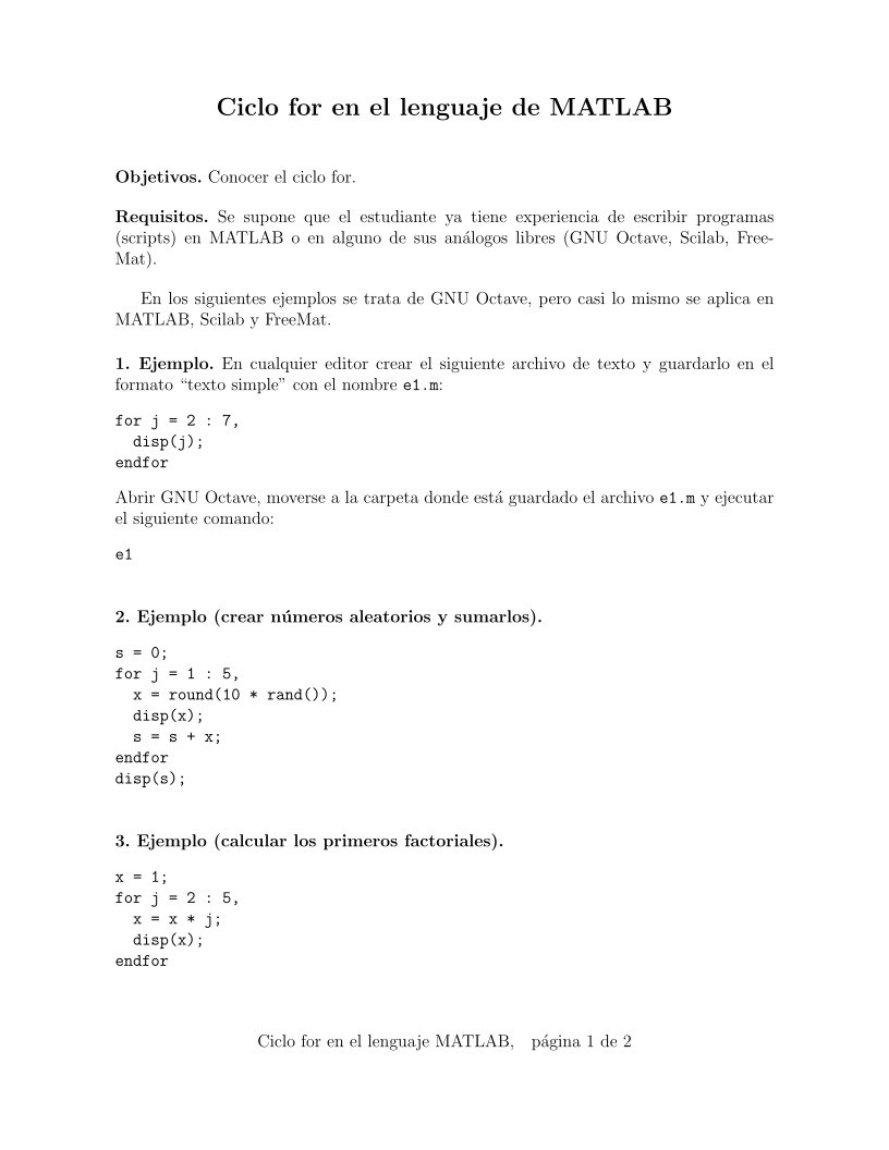 Imágen de pdf Ciclo for en el lenguaje MATLAB