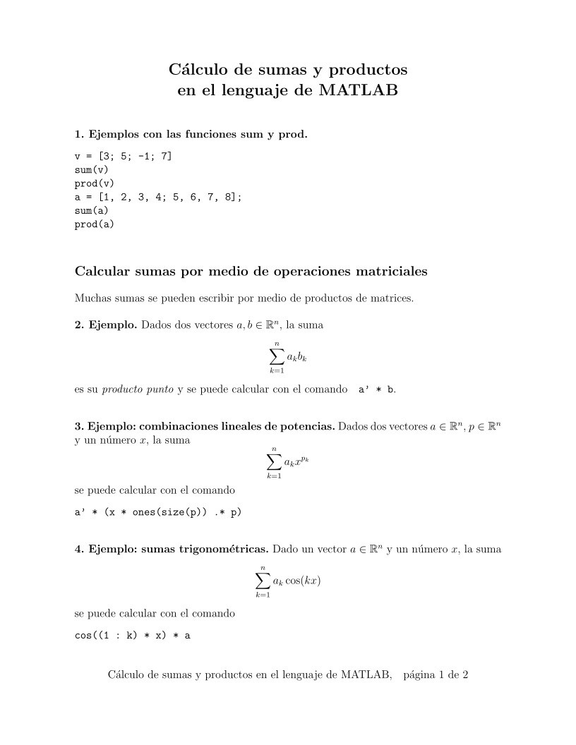 Imágen de pdf Cálculo de sumas y productos en el lenguaje de MATLAB