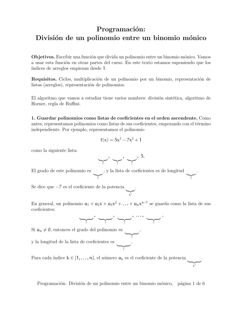 Imágen de pdf Programación: División sintética de un polinomio entre un binomio mónico