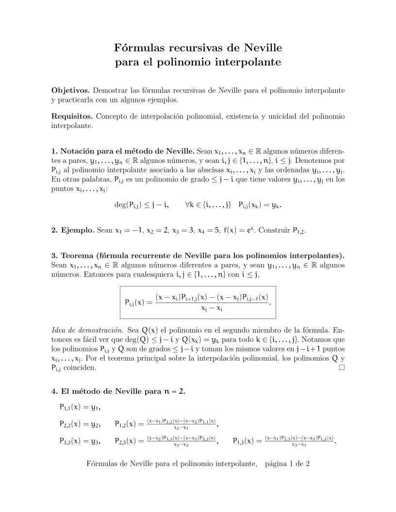 Imágen de pdf Fórmulas recursivas de Neville para el polinomio interpolante