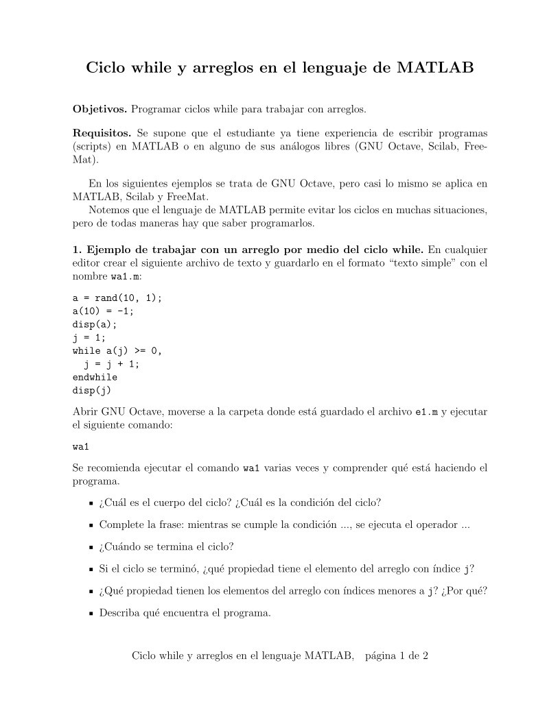Imágen de pdf Ciclo while y arreglos en el lenguaje MATLAB