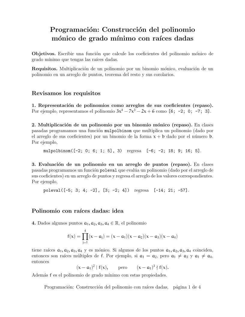 Imágen de pdf Programación: Construcción del polinomio mónico de grado mínimo con raíces dadas