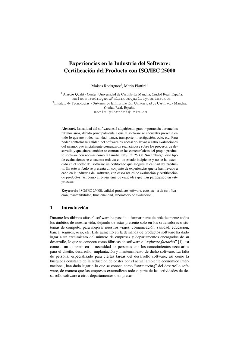 Imágen de pdf Experiencias en la Industria del Software: Certificación del Producto con ISO/IEC 25000