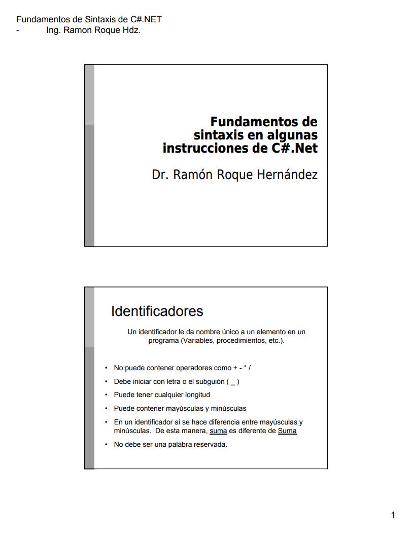 Imágen de pdf Fundamentos de sintaxis en algunas instrucciones de C#.Net