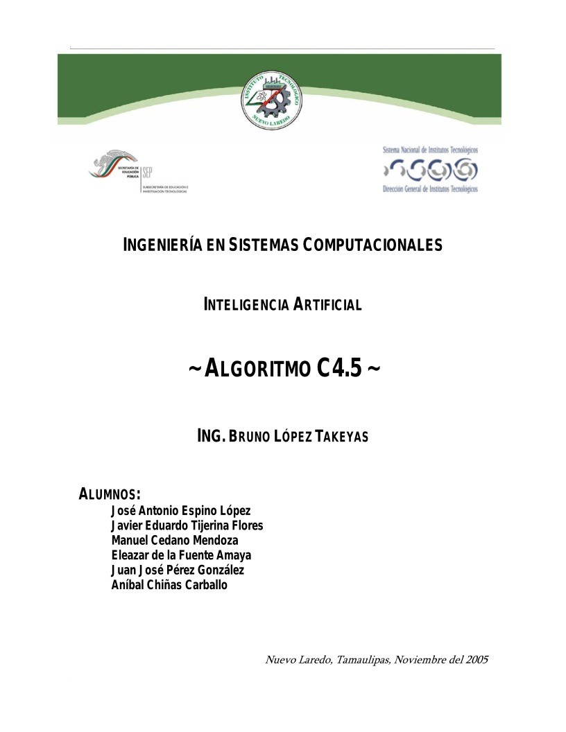 Imágen de pdf Algoritmo C4.5 - Inteligencia Artificial - Ingeniería en sistemas computacionales