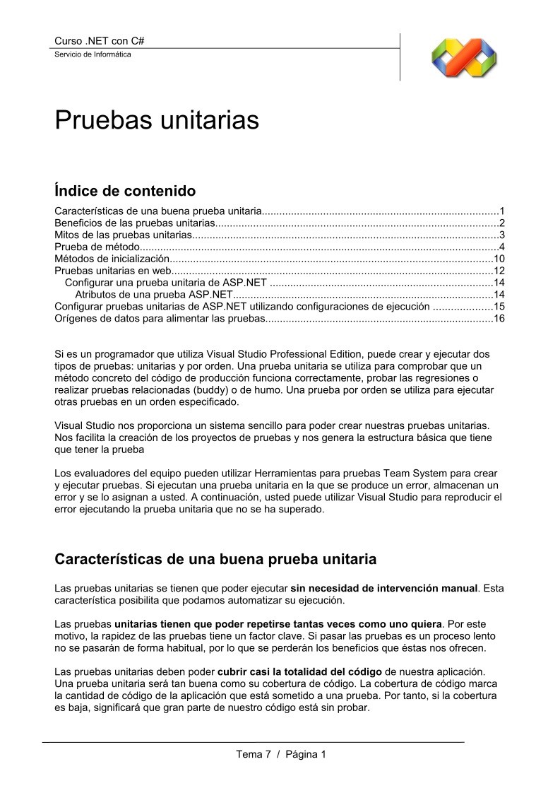 Imágen de pdf Curso .NET con C# - Pruebas unitarias