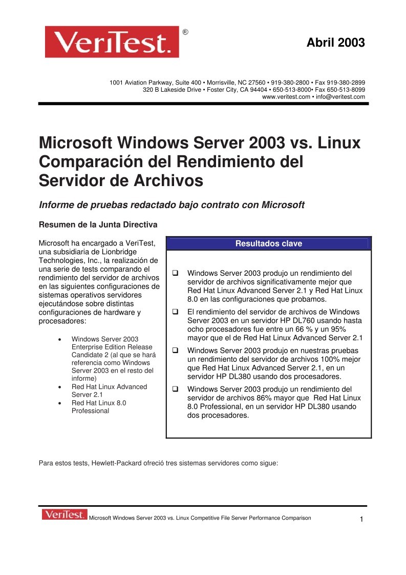 Imágen de pdf Microsoft Windows Server 2003 vs. Linux - Comparación del Rendimiento del Servidor de Archivos