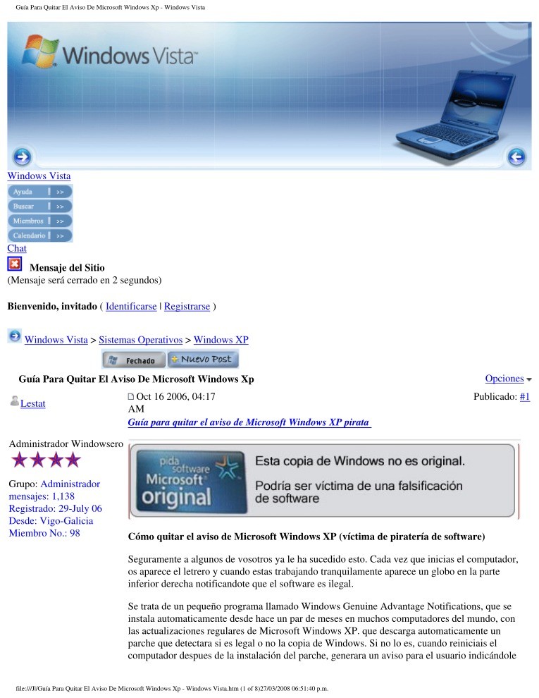Imágen de pdf Guía para quitar el aviso de Microsoft Windows XP pirata