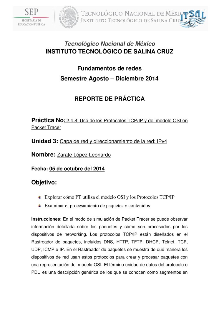 Imágen de pdf Práctica No: 2.4.8: Uso de los Protocolos TCP/IP y del modelo OSI en Packet Tracer