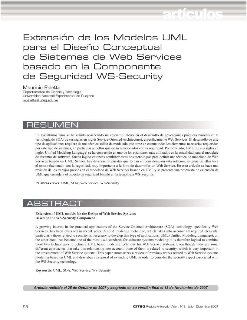 Imágen de pdf Extensión de los Modelos UML para el Diseño Conceptual de Sistemas de Web Services basado en la Componente de Seguridad WS-Security