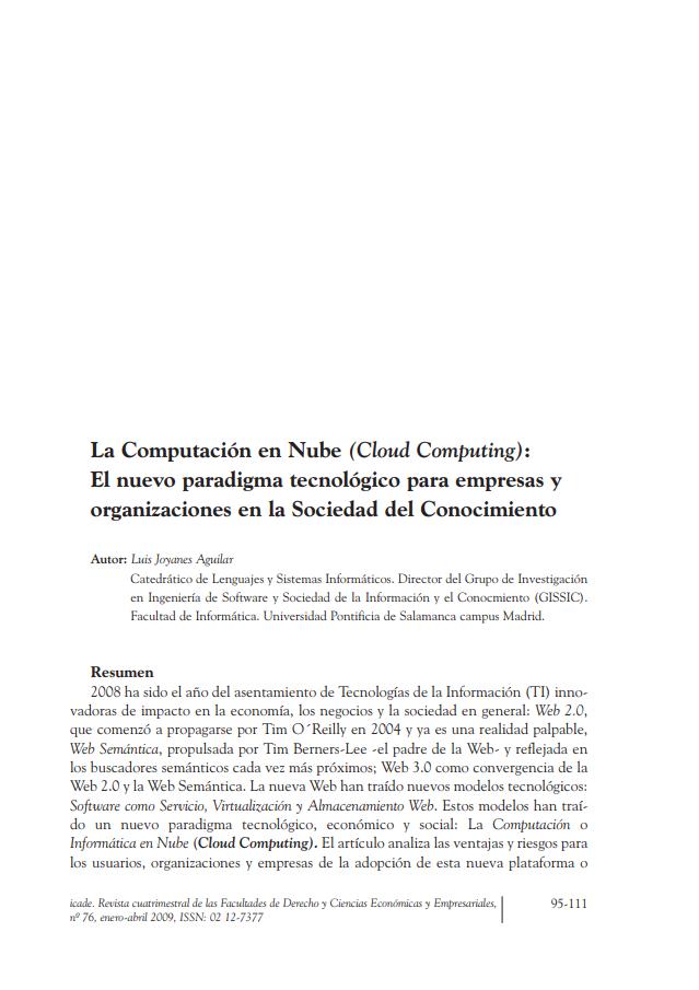 Imágen de pdf La Computación en Nube (Cloud Computing): El nuevo paradigma tecnológico para empresas y organizaciones en la Sociedad del Conocimiento