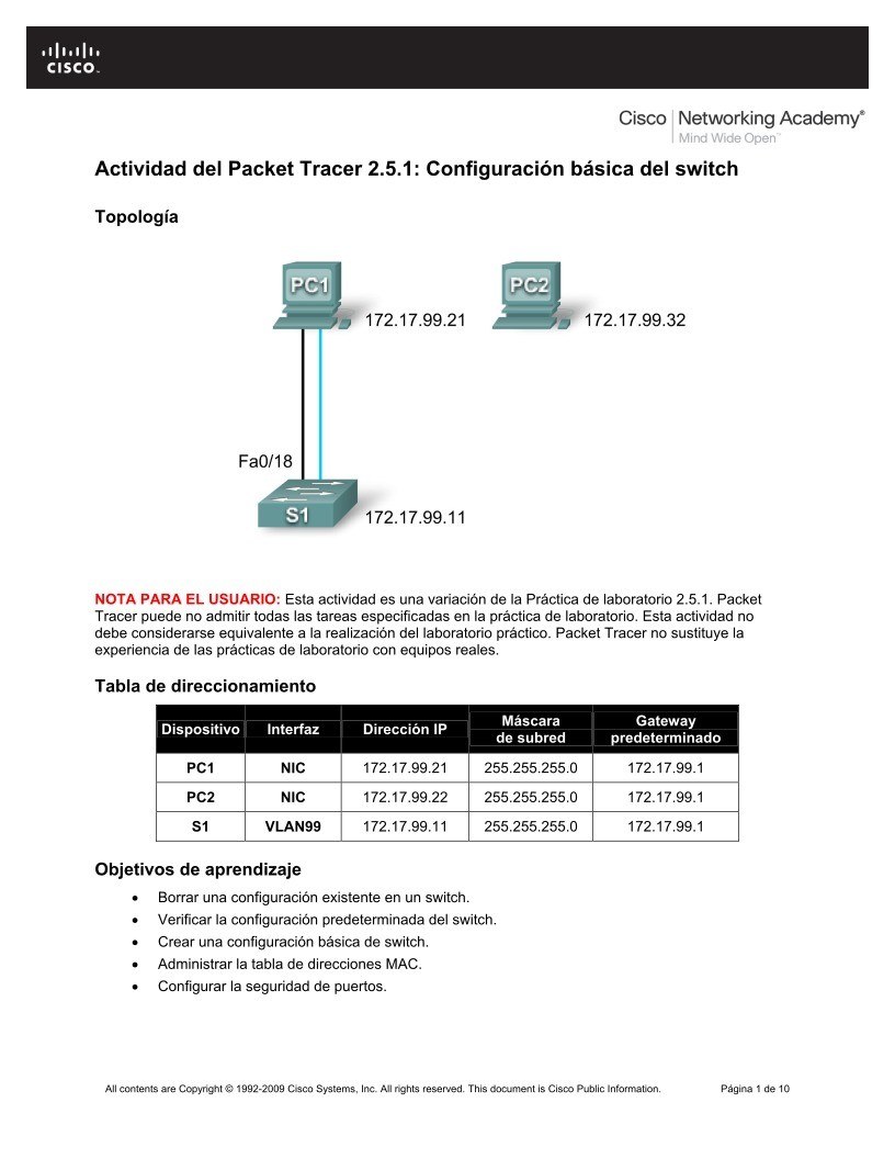 Imágen de pdf Actividad del Packet Tracer 2.5.1: Configuración básica del switch