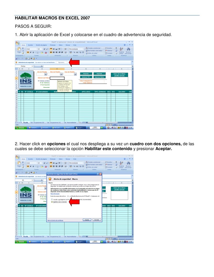 Imágen de pdf Habilitar macros en Excel 2007