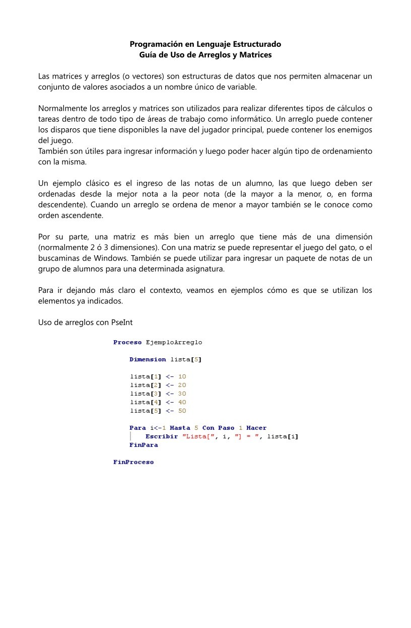 Imágen de pdf Guía de Uso de Arreglos y Matrices - Programación en Lenguaje Estructurado