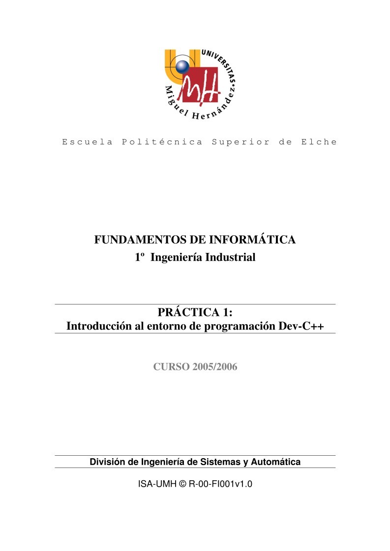 Imágen de pdf Práctica 1 - Introducción al entorno de programación Dev-C++