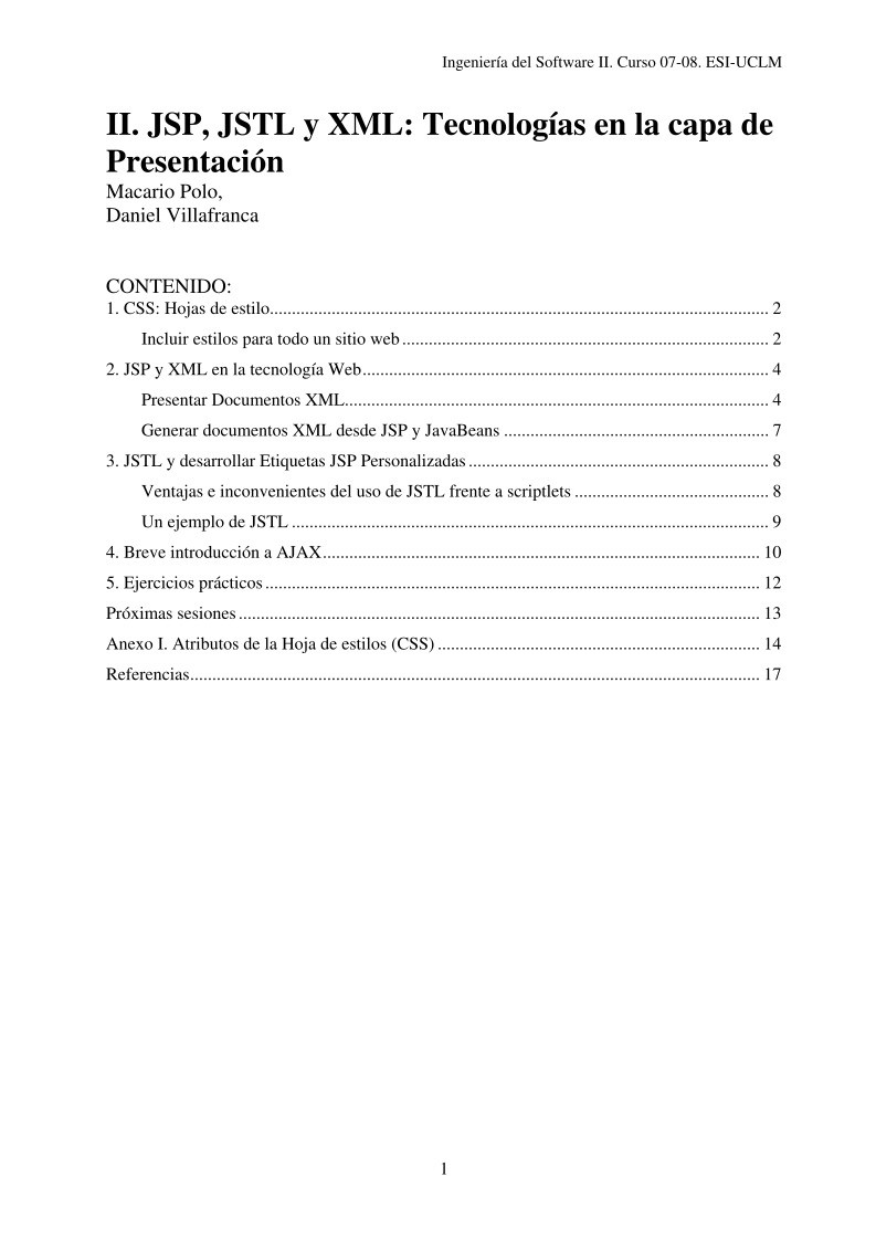 Imágen de pdf II. JSP, JSTL y XML: Tecnologías en la capa de Presentación - Ingeniería del Software II