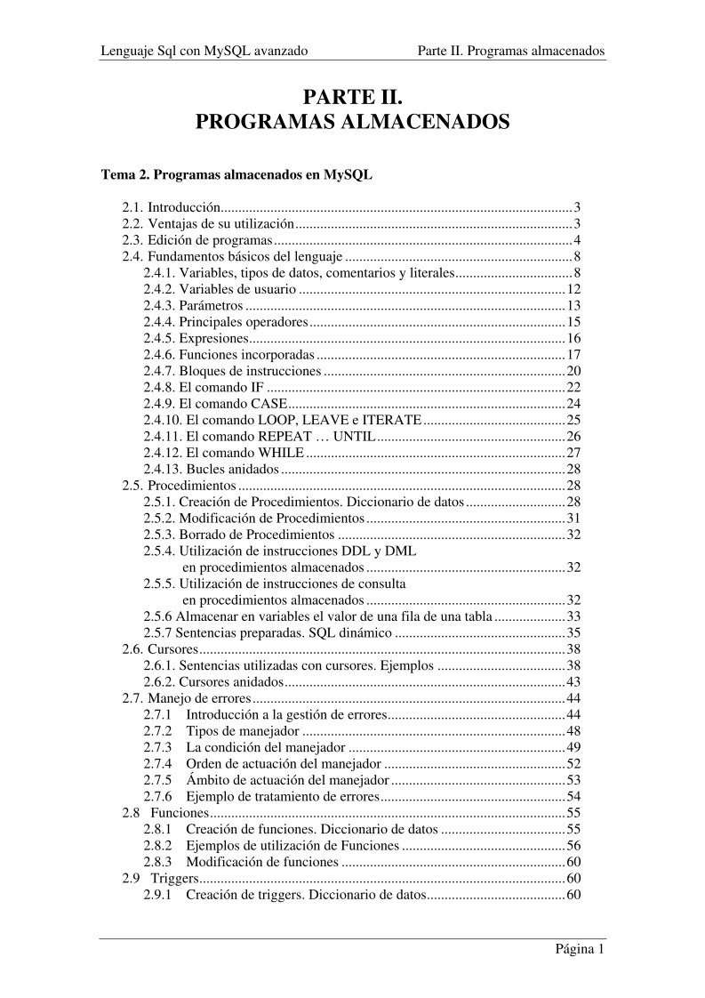Imágen de pdf Parte II - Programas almacenados - Lenguaje Sql con MySQL avanzado
