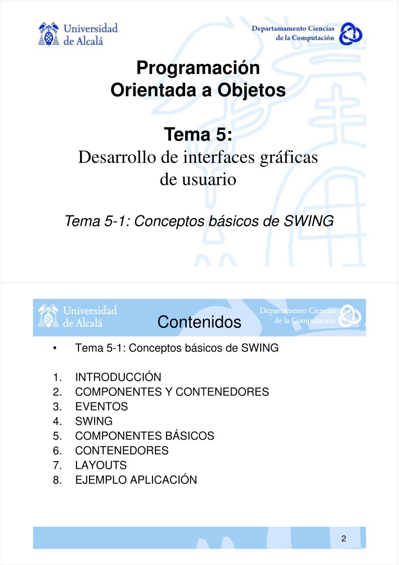 Imágen de pdf Tema 5-1 - Conceptos básicos de SWING - Desarrollo de interfaces gráficas de usuario - Programación Orientada a Objetos