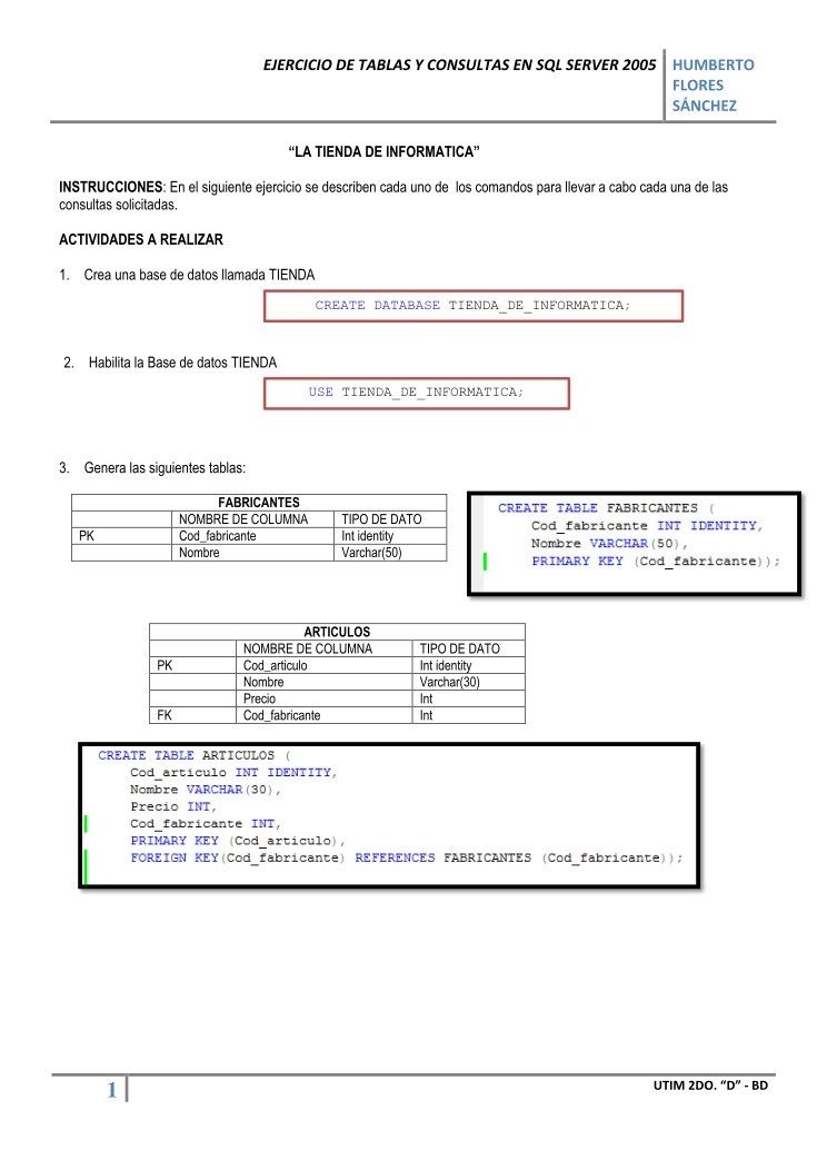 Imágen de pdf Ejercicio de tablas y consultas en SQL Server 2005 - La tienda de informática