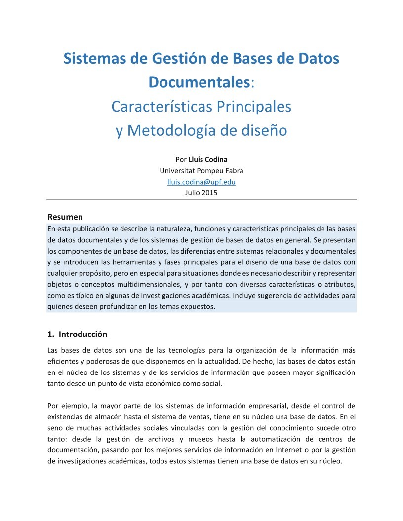 Imágen de pdf Sistemas de Gestión de Bases de Datos Documentales: Características Principales y Metodología de diseño