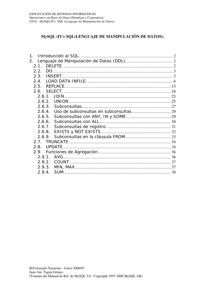 Imágen de pdf MySQL(IV): SQL (Lenguaje de Manipulación de Datos)