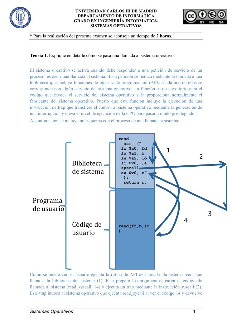Imágen de pdf Teoría 1. Explique en detalle cómo se pasa una llamada al sistema operativo