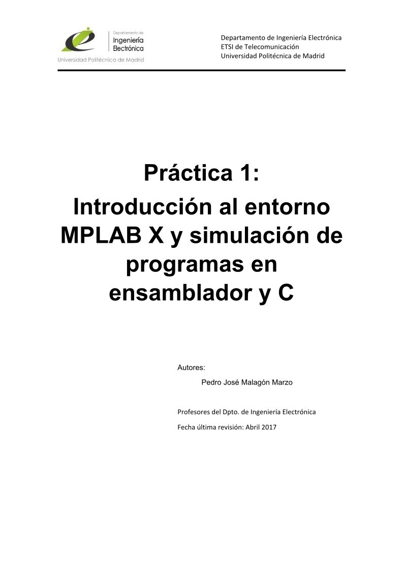 Imágen de pdf Práctica 1: Introducción al entorno MPLAB X y simulación de programas en ensamblador y C