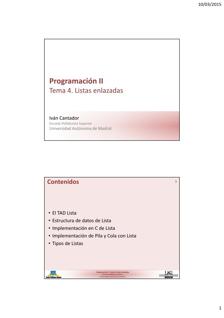 Imágen de pdf Tema 4. Listas enlazadas - Programación II