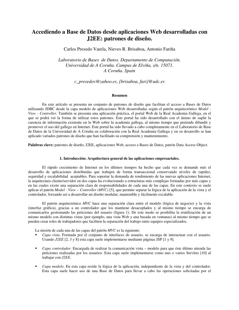 Imágen de pdf Resolviendo el acceso a Base de Datos desde aplicaciones Web desarrolladas con J2EE: patrones de diseño