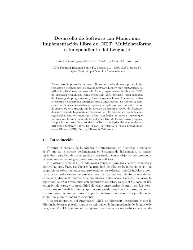 Imágen de pdf Desarrollo de Software con Mono, una Implementación Libre de .NET, Multiplataforma e Independiente del Lenguaje