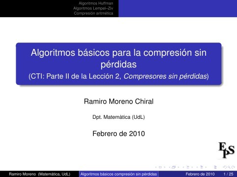 Imágen de pdf Algoritmos básicos para la compresión sin pérdidas - (CTI: Parte II de la Lección 2, Compresores sin pérdidas)