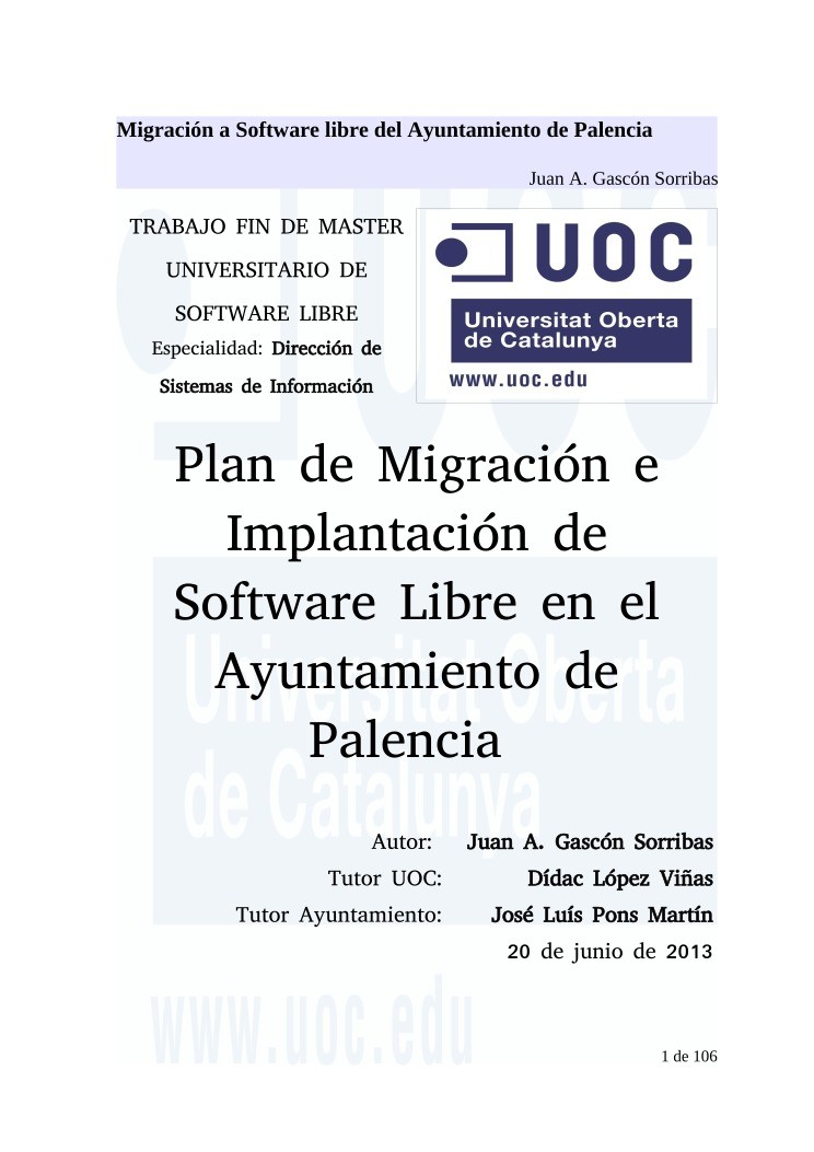 Imágen de pdf Plan de Migración e Implantación de Software Libre en el Ayuntamiento de Palencia