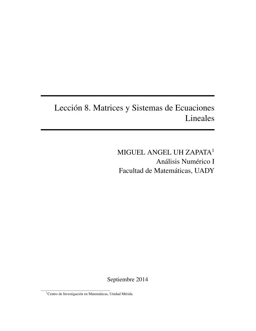 Imágen de pdf Lección 8: Matrices y Sistemas de Ecuaciones Lineales - Tutorial básico de MATLAB