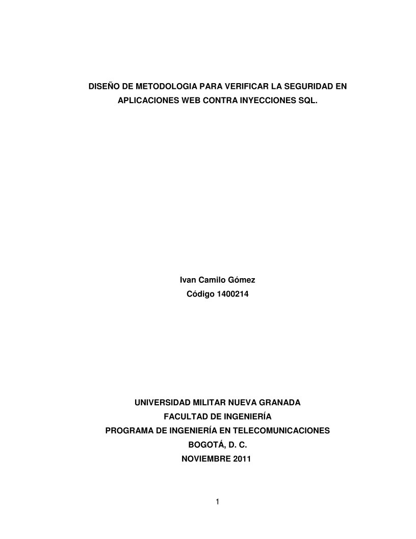 Imágen de pdf Diseño de metodologia para verificar la seguridad en aplicaciones web contra Inyecciones SQL