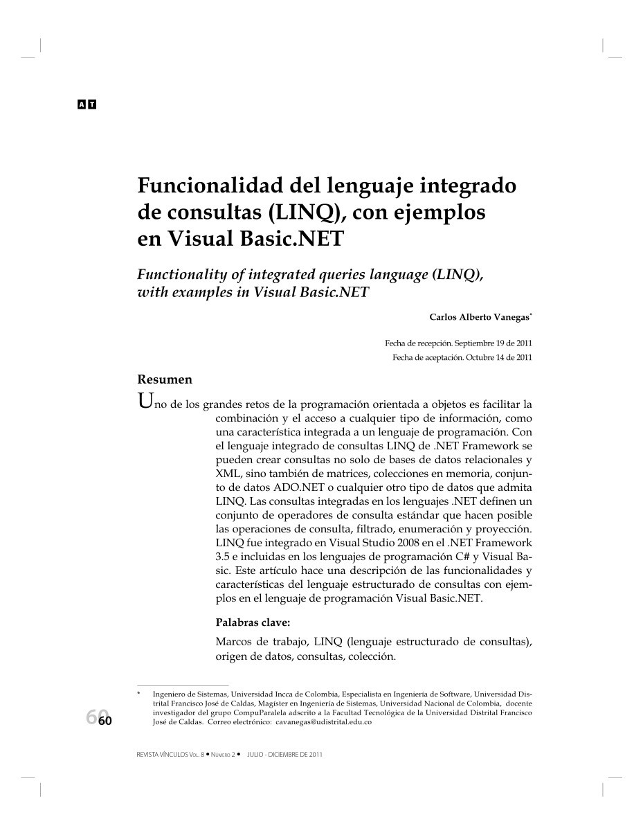 Imágen de pdf Funcionalidad del lenguaje integrado de consultas (LINQ), con ejemplos en Visual Basic.NET